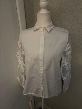 ZARA White Lace Sheer Sleeve Button Down Shirt S Tomatogirl Balletcore Bohemian